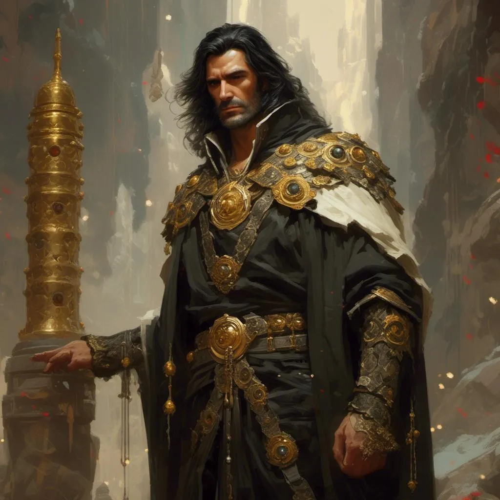 Prompt: <mymodel> Elias is a stern and imposing man with dark hair and piercing gray eyes that seem to crackle with inner power. He wears robes of black and gold adorned with symbols of Enchantment, and his presence exudes an aura of authority and command. In the art style of Frank Frazetta.