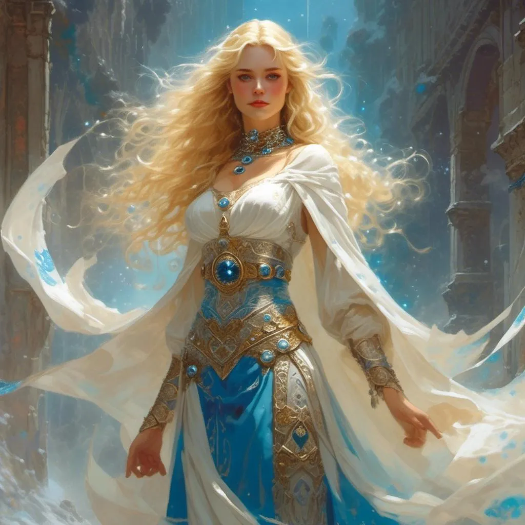 Prompt: <mymodel> Aurora is a radiant woman with golden hair 
and piercing blue eyes that seem to sparkle with inner light. She wears robes of white and silver adorned with symbols of Enchantment, and her presence exudes an aura of divine grace and purity. In the art style of Frank Frazetta.
