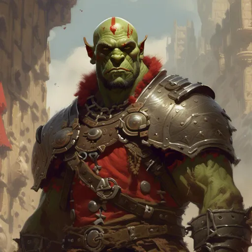 Prompt: <mymodel> A muscular orc male with a cleft chin and tusks protruding from his lower lip. He is bald and wears plate armor. He Carrie’s himself with dignity and is ready to fight to protect his friends. In the art style of Frank Frazetta.