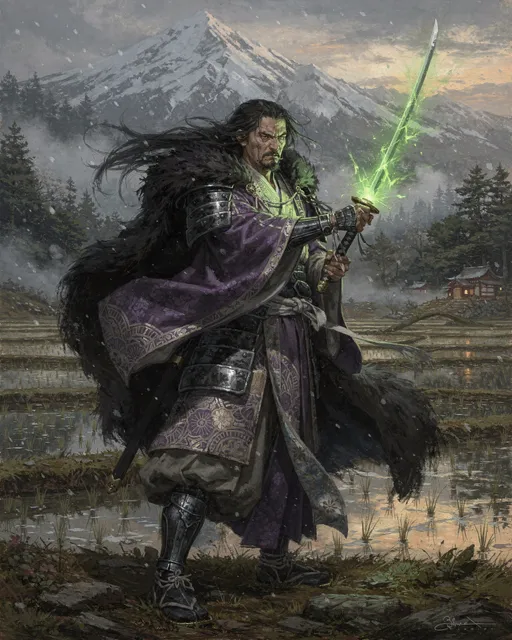 Prompt: A classic painting of a ronin. He wears nice purple and silver Japanese clothing. He wears a black fur cloak. He wields a katana that glows green. The setting is a beautiful Japanese countryside with large snowy mountains in the background. Dark fantasy style.