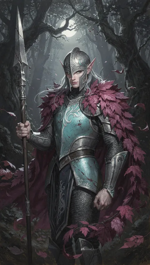 Prompt: A classic painting of a male elven Gaurd. He wheres chainmail armor made of silver with a breastplate of cyan colored steel. He wears a cloak made of magenta colored autumn leaves. He wears a steel helmet with moon motifsHe carries a long spear. Dark Fantasy style.