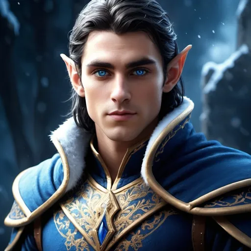 Prompt: fantasy game-style young high male elf, (character design: fur clothes, fancy attire, blue and gold coloring), striking (dark and deep blue eyes), (dark hair), dark color scheme, (atmospheric), snowy background, hints of magic glowing in the air, (ultra-detailed), (dramatic) lighting, (cinematic), (high-quality graphical style), captivating and enchanted ambiance.