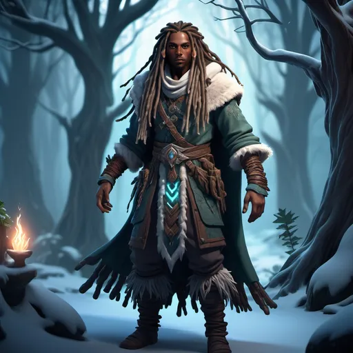 Prompt: (rpg fantasy game style), (dark cooler color scheme), detailed character design,darker skinned male, long dreadlocks, clad in intricate winter clothing, druidic elements, mystical forest backdrop, ethereal lighting illuminating the scene, magical aura surrounding the character, high-quality 4K resolution, rich textures and detailed expressions.