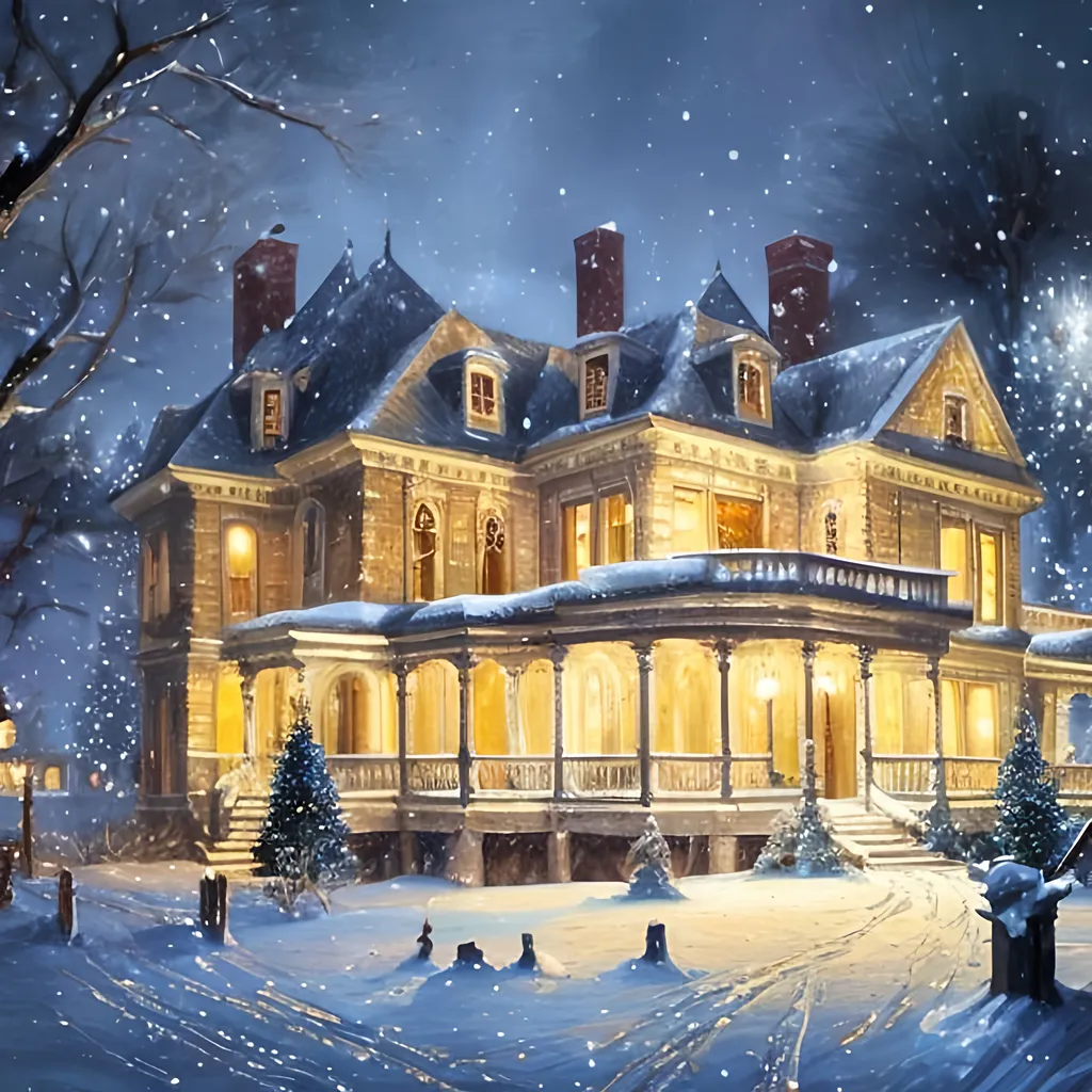 Prompt: Fancy old mansion in snow on Christmas night hd painting