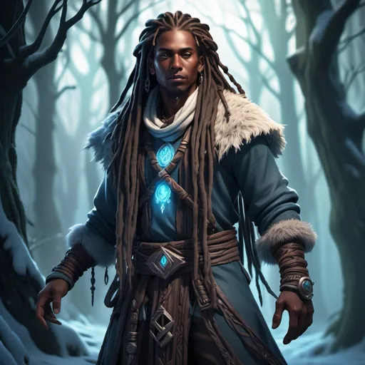 Prompt: (rpg fantasy game style), (dark cooler color scheme), detailed character design,darker skinned male, long dreadlocks, clad in intricate winter clothing, druidic elements, mystical forest backdrop, ethereal lighting illuminating the scene, magical aura surrounding the character, high-quality 4K resolution, rich textures and detailed expressions.