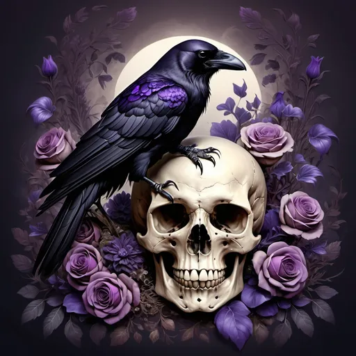 Prompt: (fantasy style), Crow sitting on a skull, intricate details, delicate flowers surrounding the skull, dark color scheme, rich violets and deep hues, moody atmosphere, (highly detailed), no background, dramatic lighting, captivating and eerie ambiance, emphasizes contrasts, alluring yet somber, striking visual impact, ultra-detailed, emphasizes textures.