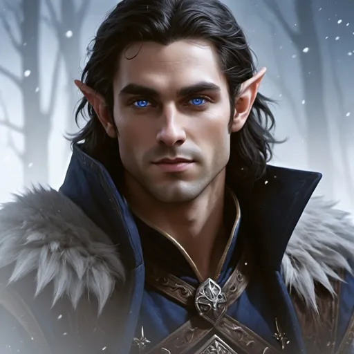 Prompt: fantasy game-style high male elf, (character design: fur clothes, fancy attire), striking (dark blue eyes), (dark hair), dark color scheme, (atmospheric), snowy background, hints of magic glowing in the air, (ultra-detailed), (dramatic) lighting, (cinematic), (high-quality graphical style), captivating and enchanted ambiance.