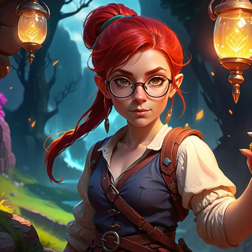 Prompt: (rpg fantasy game style), halfling woman, vibrant colors, high ponytail, glasses, red hair, detailed character design, magical elements, whimsical background, (fantasy realm) atmosphere, colorful fantasy landscape, enchanting lighting, (dynamic pose), high-quality 4K image, captivating and adventurous vibe, character-focused.