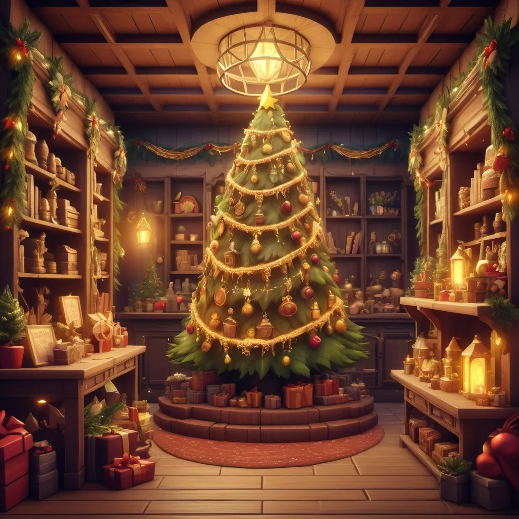 Prompt: fantasy magical shop, (Christmas tree), RPG game style, warm color scheme, whimsical ambiance, intricate decorations, glowing lights, cozy atmosphere, enchanted items surrounding the tree, 4K resolution, ultra-detailed artwork, inviting and festive vibes, rich golds and deep reds, hints of greenery and magical sparkles.