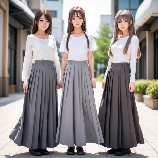 Prompt: Anime girls wearing maxi long pleated grey skirts.