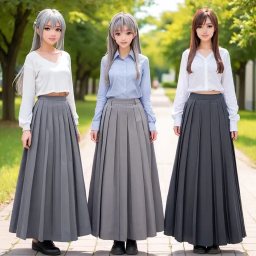 Prompt: Anime girls wearing maxi long pleated grey skirts.