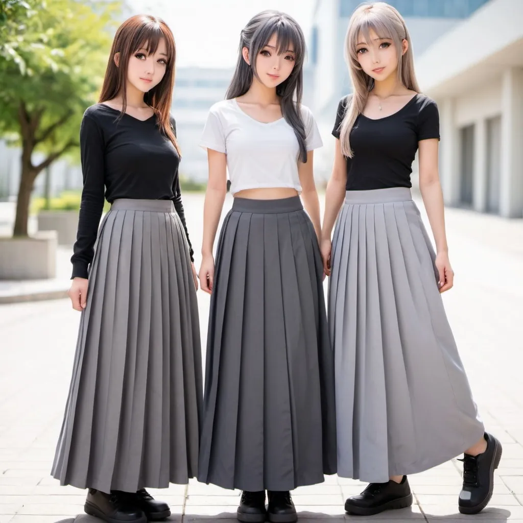 Prompt: Anime girls wearing maxi long pleated grey skirts.