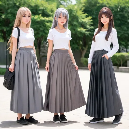 Prompt: Anime girls wearing maxi long pleated grey skirts.