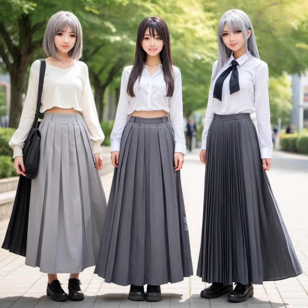 Prompt: Anime girls wearing maxi long pleated grey skirts.