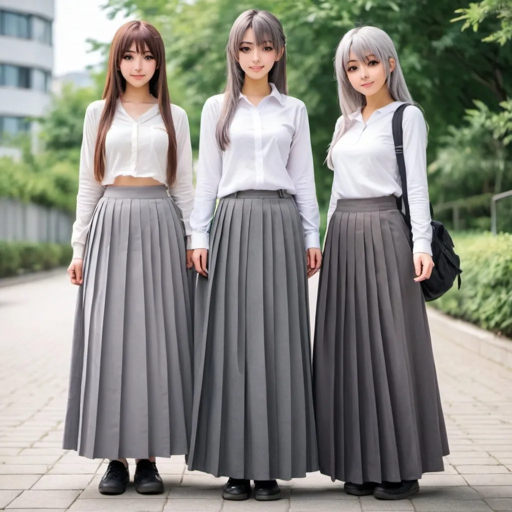 Prompt: Anime girls wearing maxi long pleated grey skirts.