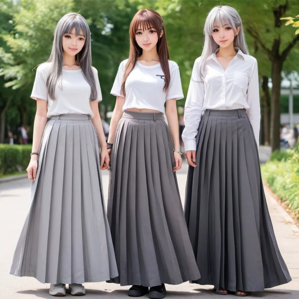 Prompt: Anime girls wearing maxi long pleated grey skirts.