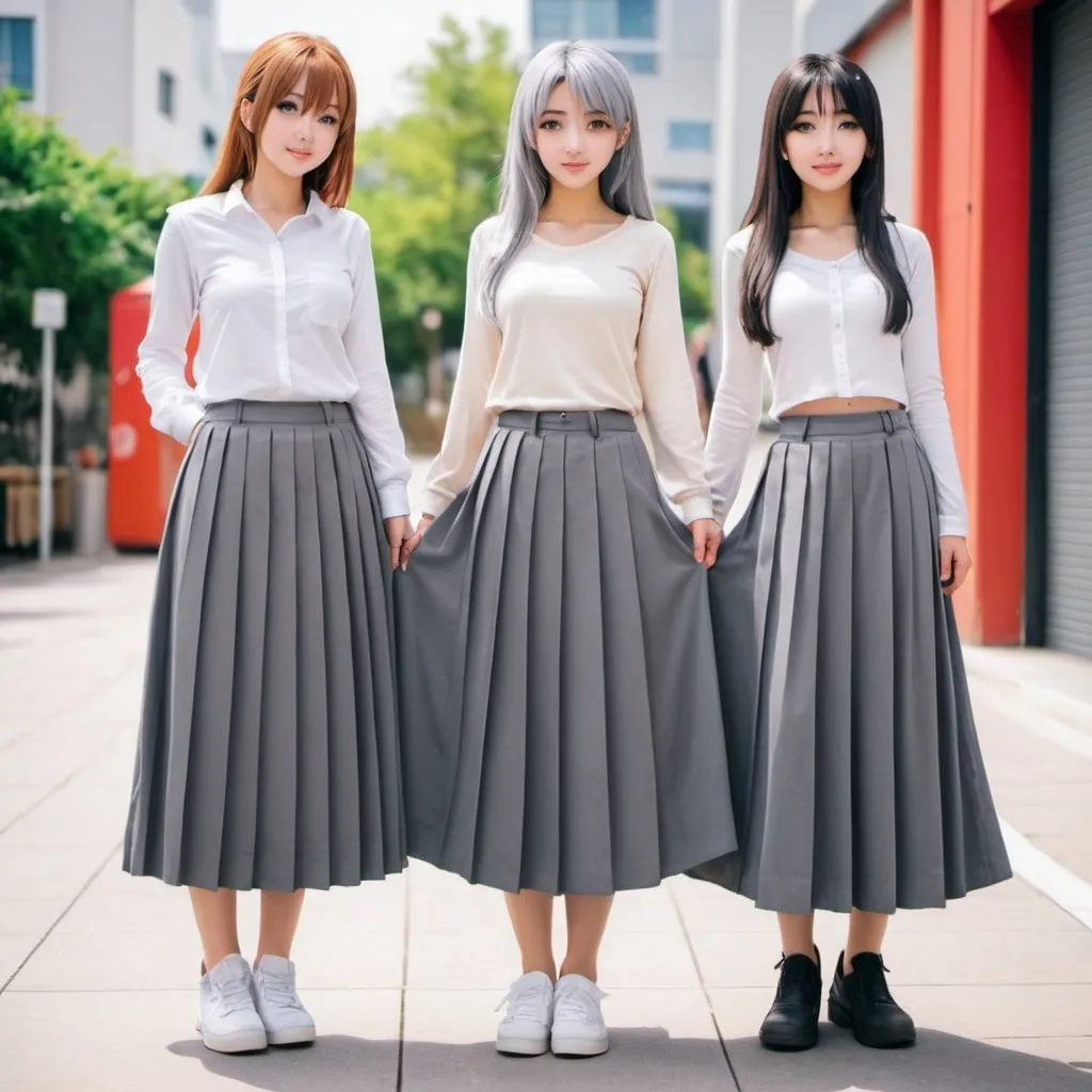 Prompt: Anime girls wearing maxi long pleated grey skirts.