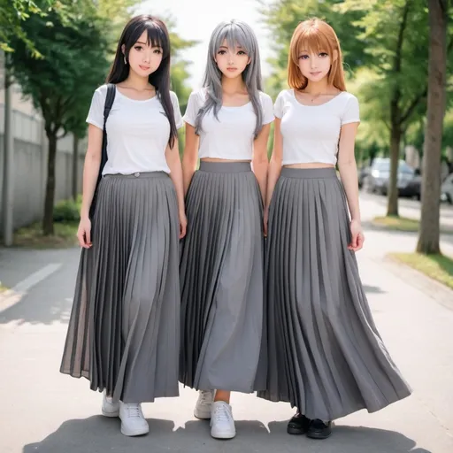 Prompt: Anime girls wearing maxi long pleated grey skirts.