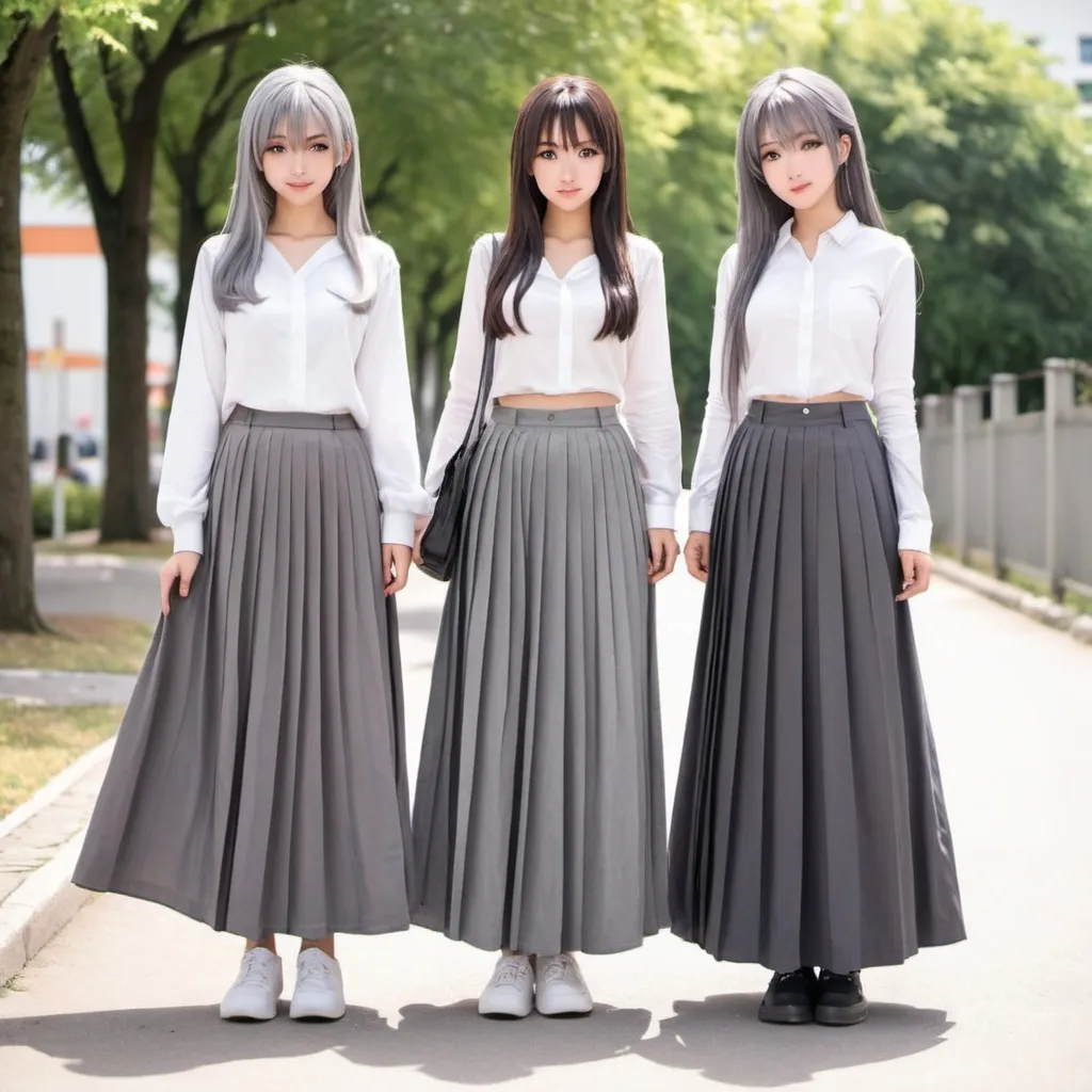 Prompt: Anime girls wearing maxi long pleated grey skirts.