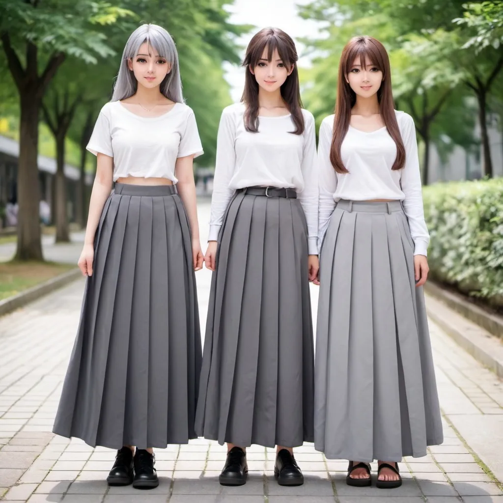 Prompt: Anime girls wearing maxi long pleated grey skirts.