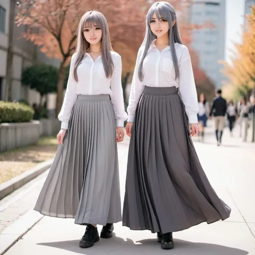 Prompt: Anime girls wearing maxi long pleated grey skirts.