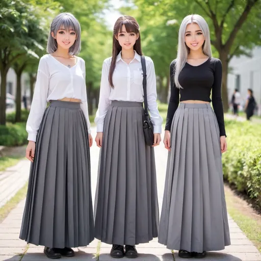 Prompt: Anime girls wearing maxi long pleated grey skirts.