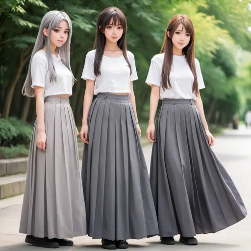 Prompt: Anime girls wearing maxi long pleated grey skirts.