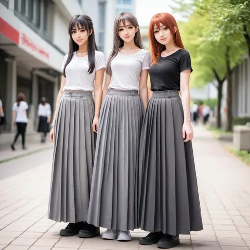 Prompt: Anime girls wearing maxi long pleated grey skirts.