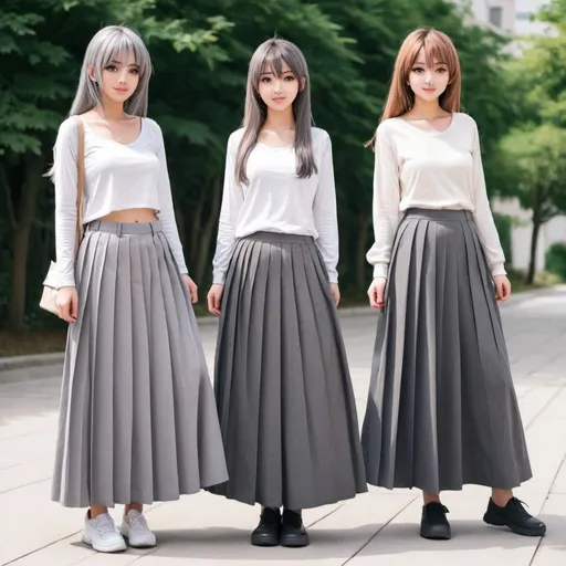 Prompt: Anime girls wearing maxi long pleated grey skirts.