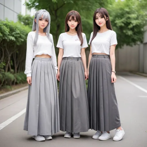 Prompt: Anime girls wearing maxi long pleated grey skirts.