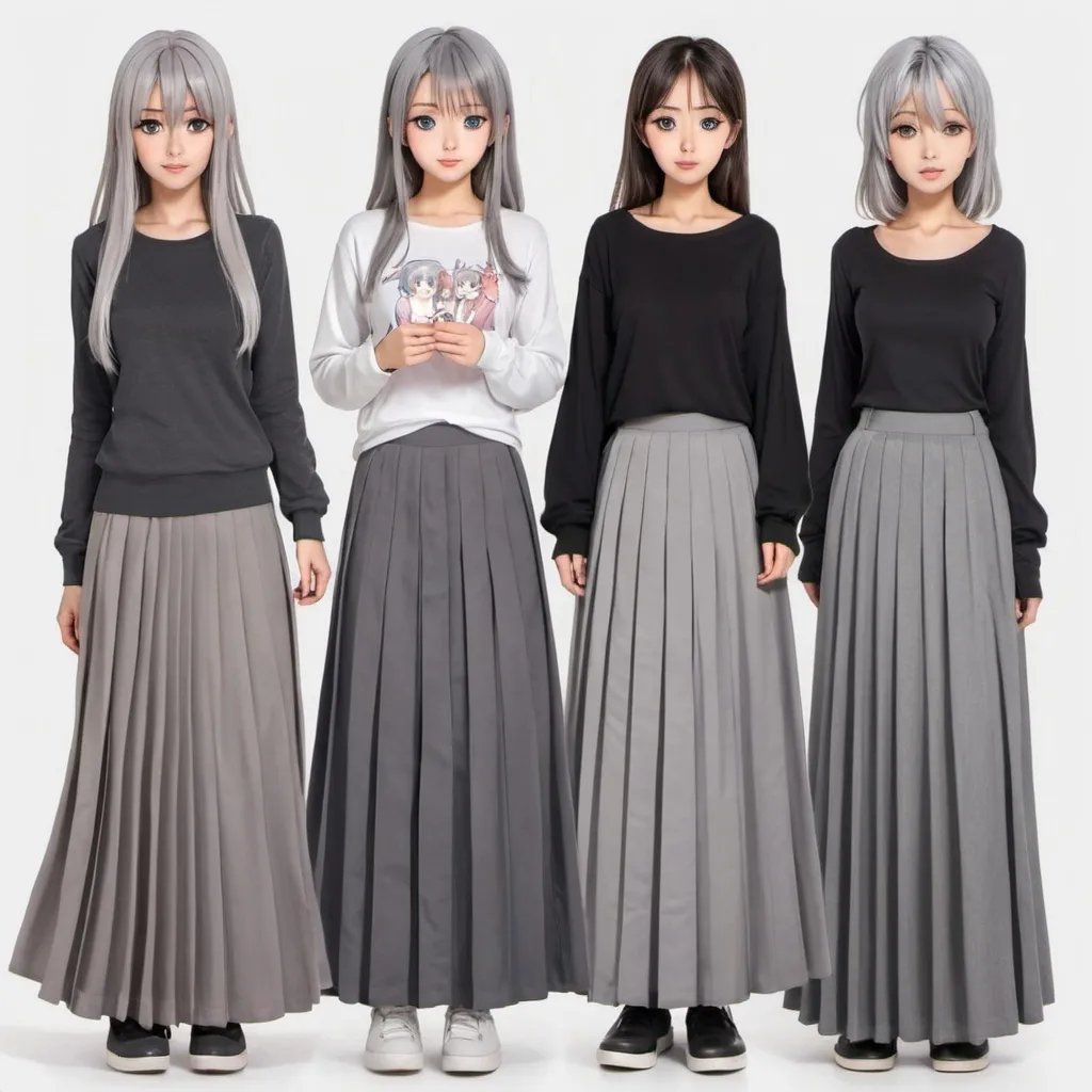 Prompt: Anime girls wearing maxi long pleated grey skirts.