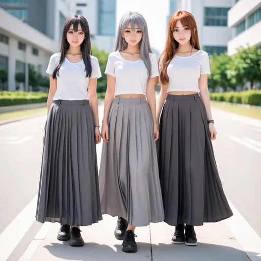 Prompt: Anime girls wearing maxi long pleated grey skirts.