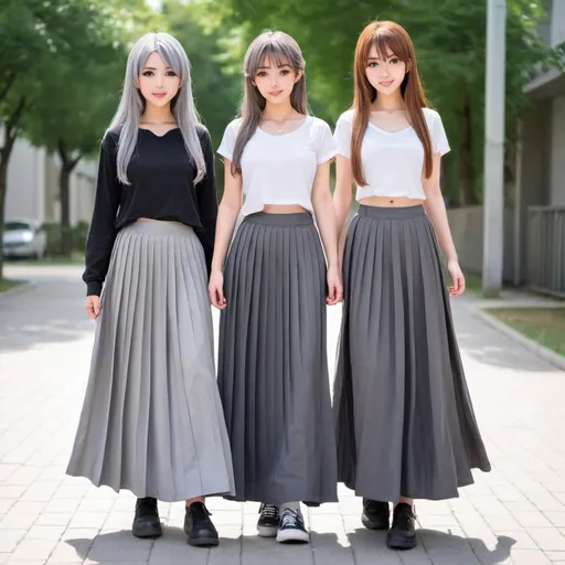 Prompt: Anime girls wearing maxi long pleated grey skirts.