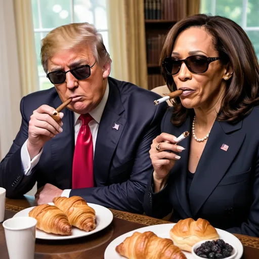 Prompt: Make me a realistic picture of donald trump eating breakfast with kamala harris where kamala is eating a croissant and donald trump is smoking a cigar and has sunglasses on