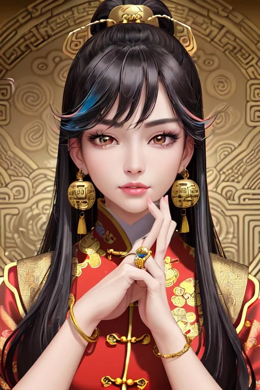 Prompt: masterpiece, best quality), perfect lighting, (best shadow), 8K, UHD, clear image, (best lighting), crystal clear image, best quality, super detail, fine details, high resolution, highest quality, wallpaper 8K, masterpiece, high resolution, ((very detailed face), (ultra-detailed face)), a woman in Chinese costume, Dip Dye, (colorful hair), Hime Cut hair, gold bracelets, earrings, ring, (Chinese style background)