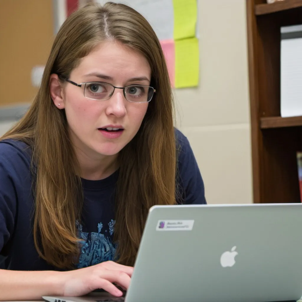 Prompt: An adult female student being dazzled by what is displayed on a laptop computer screen, whose contents are not visible to the viewer.