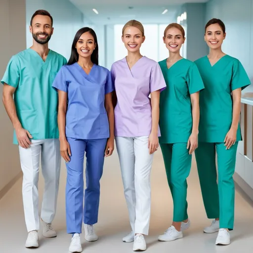 Prompt: "A realistic, full-body, photoshoot-style image of a professional dental clinic team. Several people are walking and smiling confidently. They are wearing white trousers, elegant tunics in various colors (such as blue, green, lilac, and pink), and white sneakers. The scene conveys a sense of elegance, professionalism, and warmth, with a clean, modern clinic background. The lighting and composition should reflect a high-end, editorial aesthetic.
