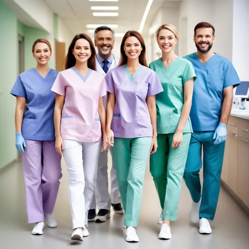 Prompt: "A realistic, full-body, photoshoot-style image of a professional dental clinic team. Several people are walking and smiling confidently. They are wearing white trousers, elegant tunics in various colors (such as blue, green, lilac, and pink), and white sneakers. The scene conveys a sense of elegance, professionalism, and warmth, with a clean, modern clinic background. The lighting and composition should reflect a high-end, editorial aesthetic.