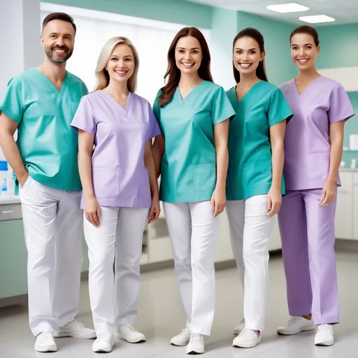 Prompt: "A realistic, full-body, photoshoot-style image of a professional dental clinic team. Several people are walking and smiling confidently. They are wearing white trousers, elegant tunics in various colors (such as blue, green, lilac, and pink), and white sneakers. The scene conveys a sense of elegance, professionalism, and warmth, with a clean, modern clinic background. The lighting and composition should reflect a high-end, editorial aesthetic.