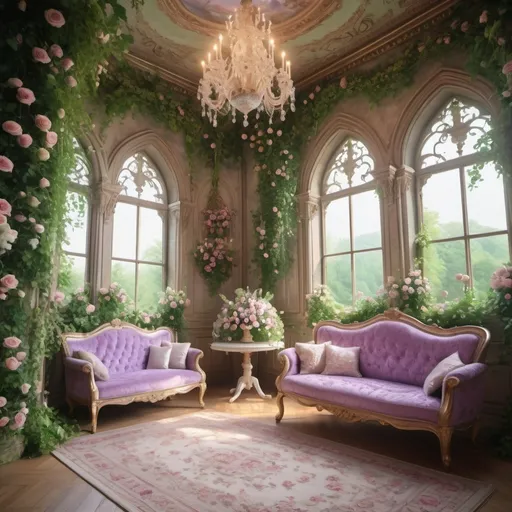 Prompt: Show me a picture of heavenly floral room in a castle 