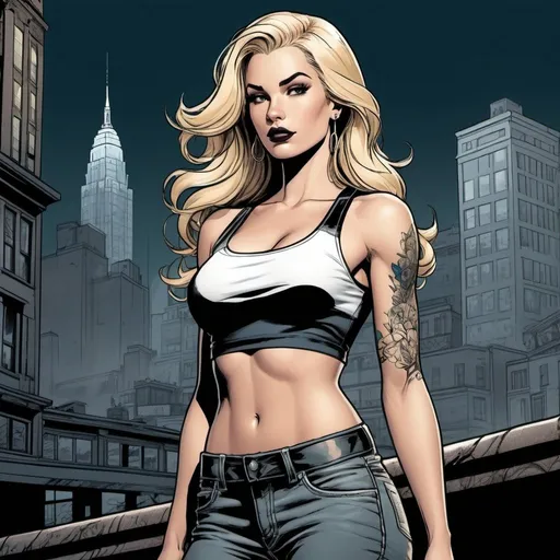 Prompt: A a full body woman with long blonde hair and a black and white crop top, 
blonde hair, a tattoo arm, illustration, city, detailed, dark colors, dramatic, graphic novel illustration,  2d shaded retro comic book