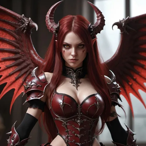 Prompt: Succubus battle maid with long dark red hair and she has demon wings. She wears a maid outfit and a chest armor with forearm guards, perfect composition, beautiful detailed intricate insanely detailed octane render trending on artstation, 8K artistic photography, photorealistic concept art, soft natural volumetric cinematic perfect light, chiaroscuro, award - winning photograph, masterpiece, oil on canvas