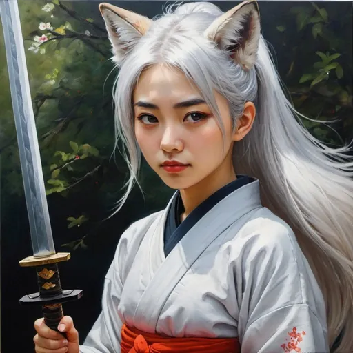 Prompt: fox girl with silver hair, she has a sword, she wear hakama detailed, oil on canvas