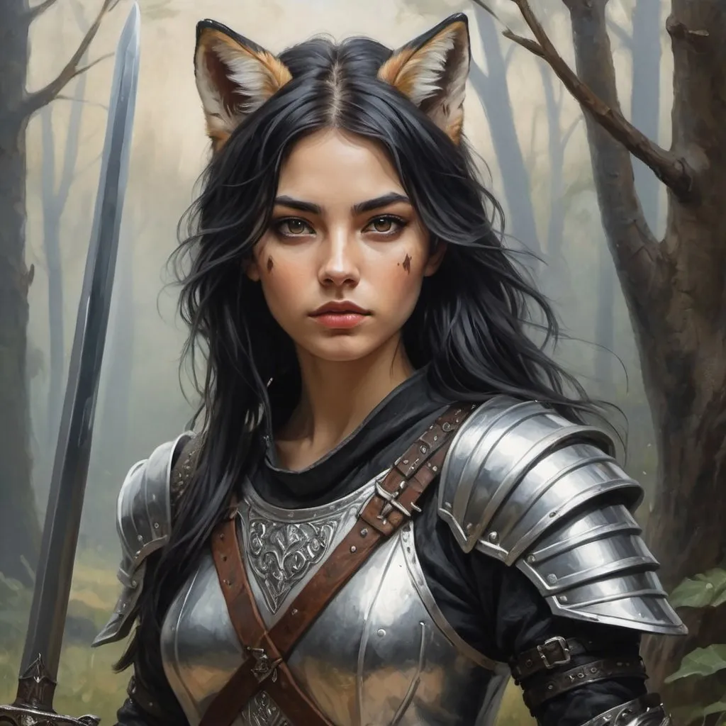 Prompt: young fox woman with silver and black hair, she has a sword, she wear tunic and leather armor, detailed, 4K, oil on canvas