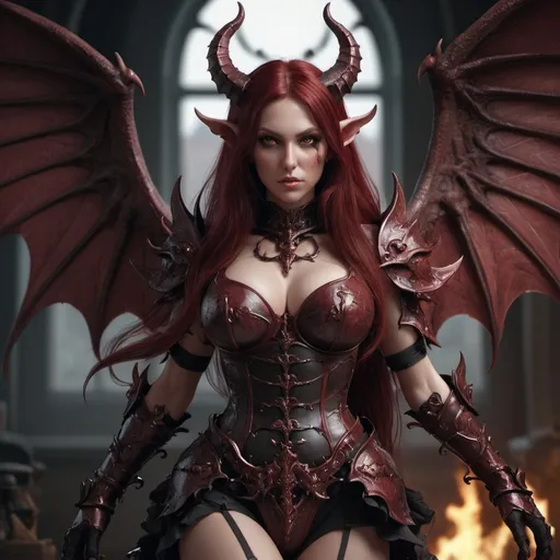 Prompt: Succubus battle maid with long dark red hair and she has demon wings. She wears a maid outfit and a chest armor with forearm guards, perfect composition, beautiful detailed intricate insanely detailed octane render trending on artstation, 8K artistic photography, photorealistic concept art, soft natural volumetric cinematic perfect light, chiaroscuro, award - winning photograph, masterpiece, oil on canvas