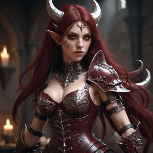 Prompt: Succubus battle maid with long dark red hair. She wears a maid outfit and a chest armor with forearm guards, perfect composition, beautiful detailed intricate insanely detailed octane render trending on artstation, 8K artistic photography, photorealistic concept art, soft natural volumetric cinematic perfect light, chiaroscuro, award - winning photograph, masterpiece, oil on canvas