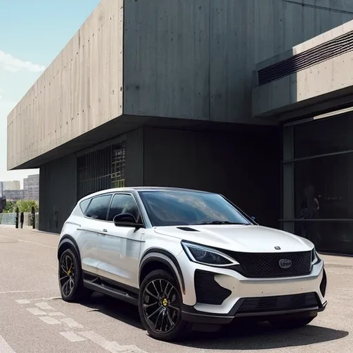 Prompt: (photorealistic image) a man standing confidently next to a sleek black SUV, behind him a distinctive checkered wall of a modern building, vibrant summer atmosphere, warm sunlight illuminating the scene, attention to the subject's relaxed expression and casual outfit, highlighting the stylish vehicle, ultra-detailed, inviting and dynamic composition, capturing a lively moment in an urban environment.