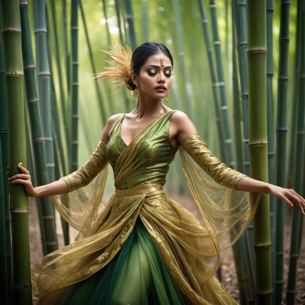 Prompt: Create an image of a beautiful Indian woman in a dense bamboo forest. She is dressed in avant-garde green and gold garments made of layers of tulle and silk, designed with dramatic, baroque shapes and textures that suggest motion. The woman moves with enhanced agility and speed, her posture and the sculptural flow of her garments capturing a sense of swift, artistic motion. The setting is mystical and serene, with dappled light filtering through the bamboo stalks, enhancing the dramatic interplay of light and shadow across her dynamic outfit