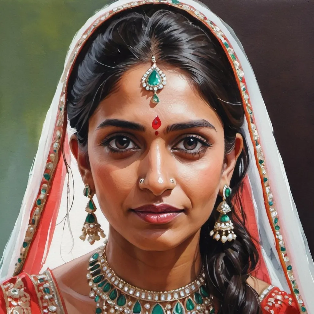 Prompt: A portrait painting of a Indian bride gouache painting