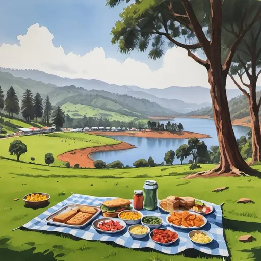 Prompt: A scenic gouache painting of ooty Nilgiris lawn near lake with picnic spread and feet showing in the image 

